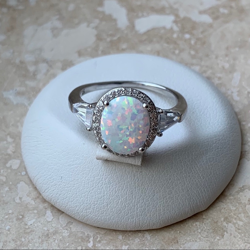 Silver White Lab Opal Ring with CZ, Wedding Rings, October Birthstone Ring